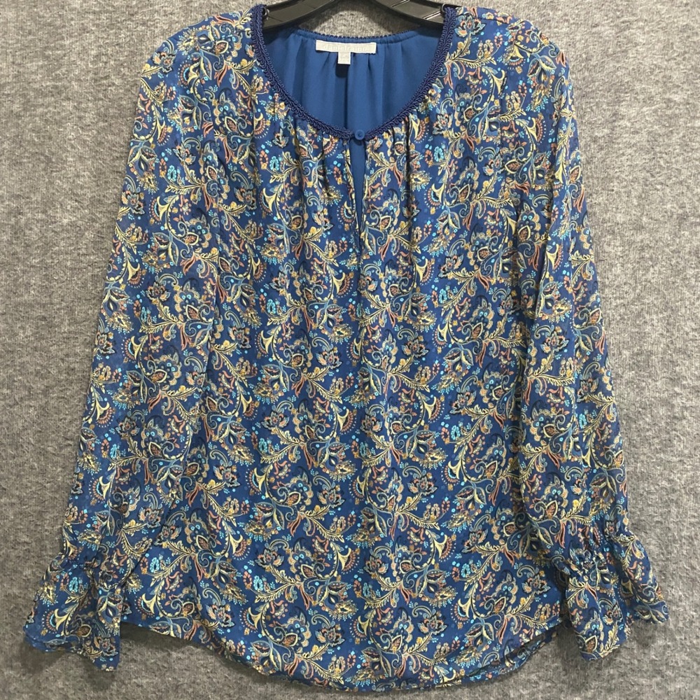 Daniel Rainn Top Womens Medium‎ Blue Boho Floral Embroidered Keyhole Neck Lined